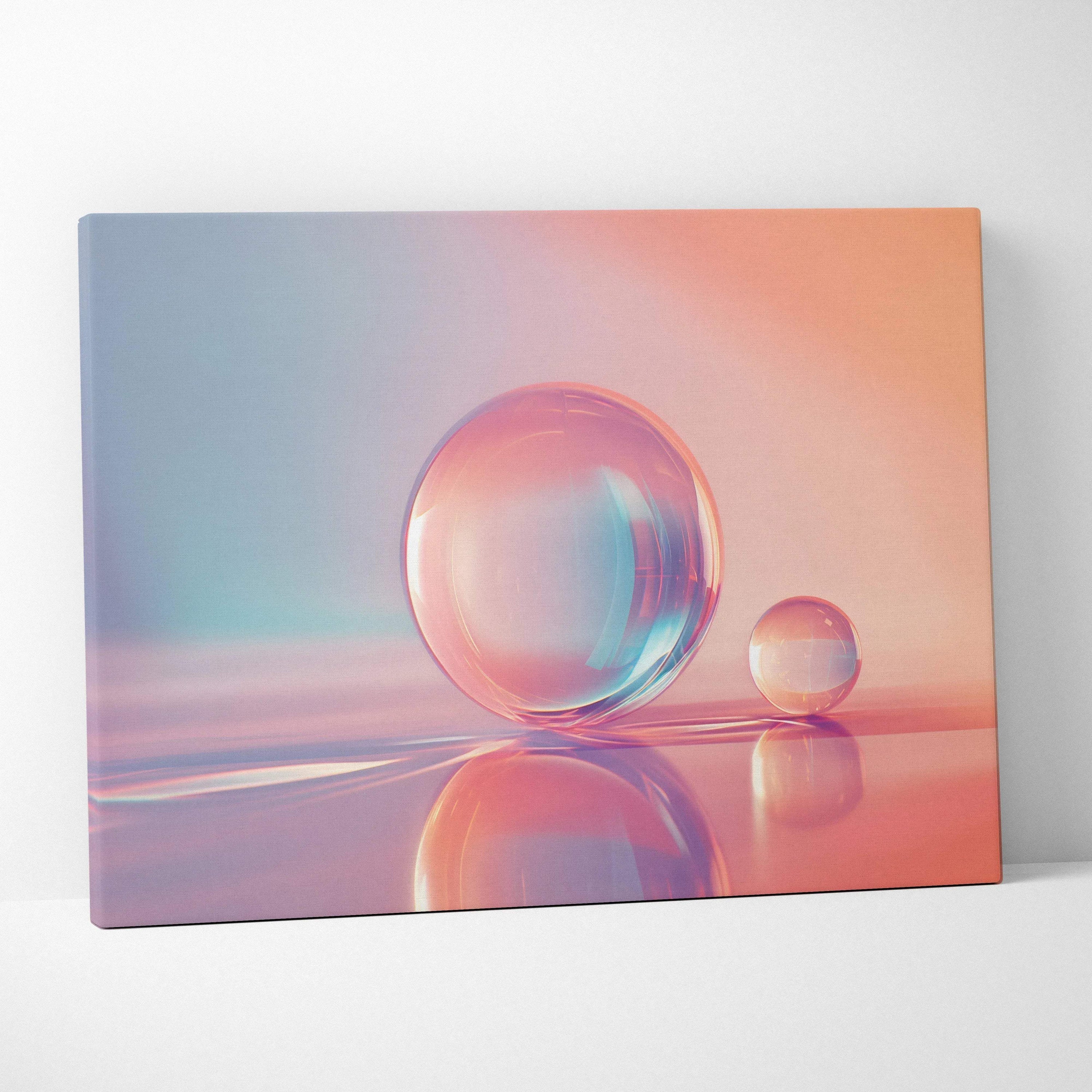 Abstract digital art canvas print featuring two transparent spheres with soft pastel blue and peach gradient background,.