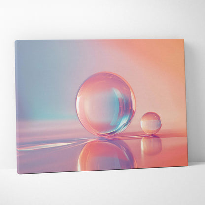 Abstract digital art canvas print featuring two transparent spheres with soft pastel blue and peach gradient background,.