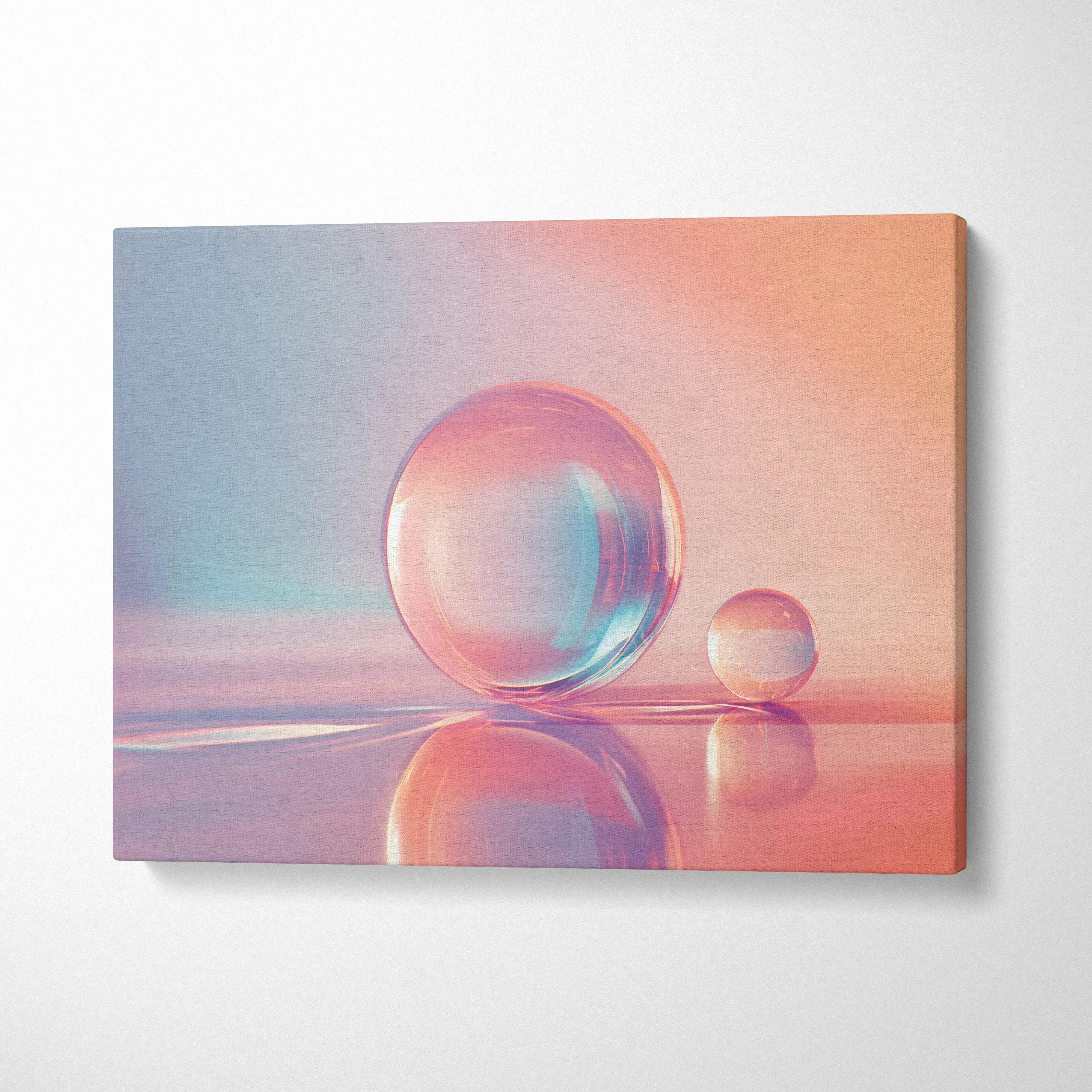 Abstract digital art canvas featuring two reflective spheres in soft pink and blue tones, modern wall art.