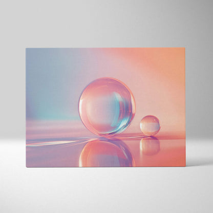 Abstract digital canvas art featuring two reflective spheres with soft pastel hues of pink, blue, and peach on a smooth.