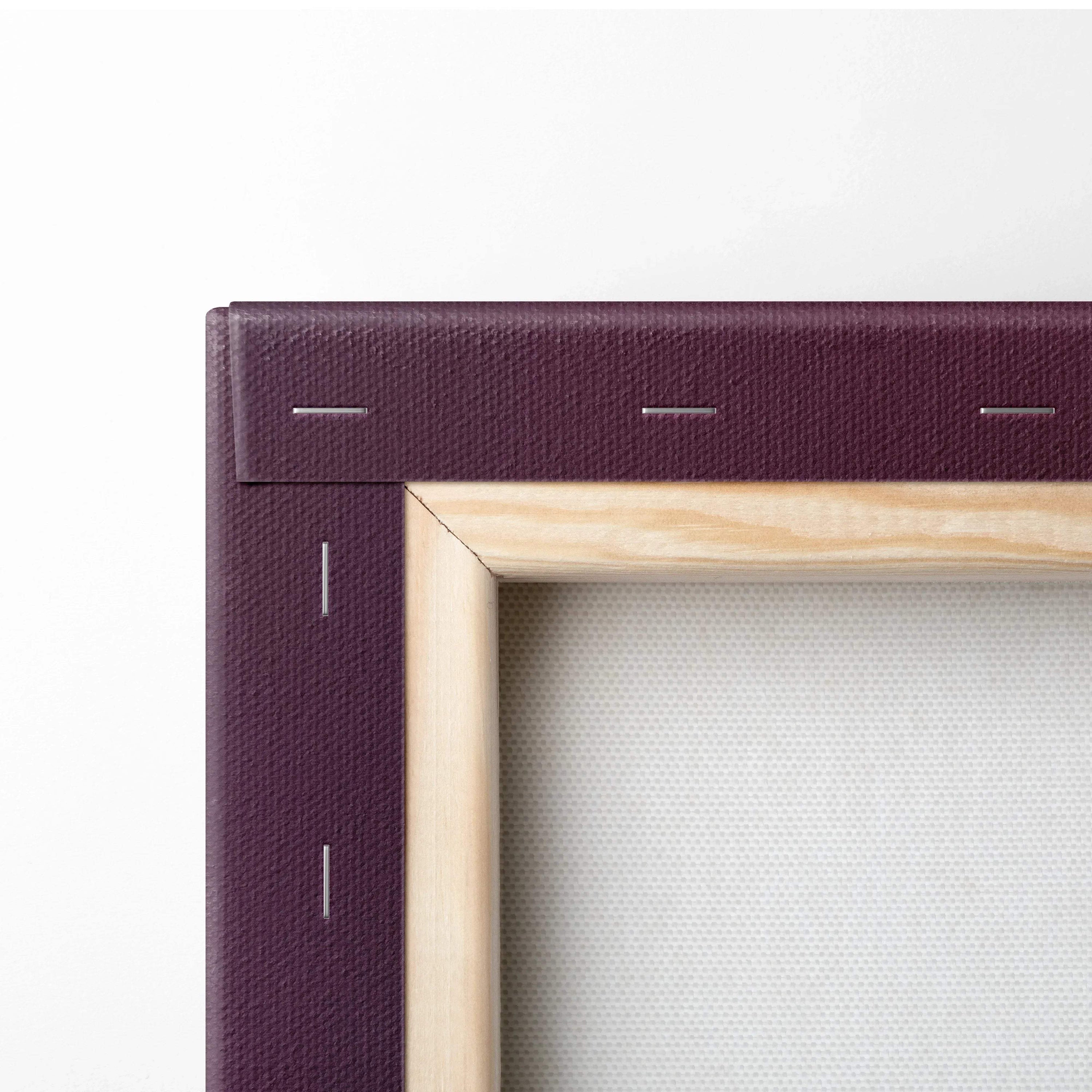 Close-up of wooden frame and stretched beige canvas with stapled edges for wall art canvas print.