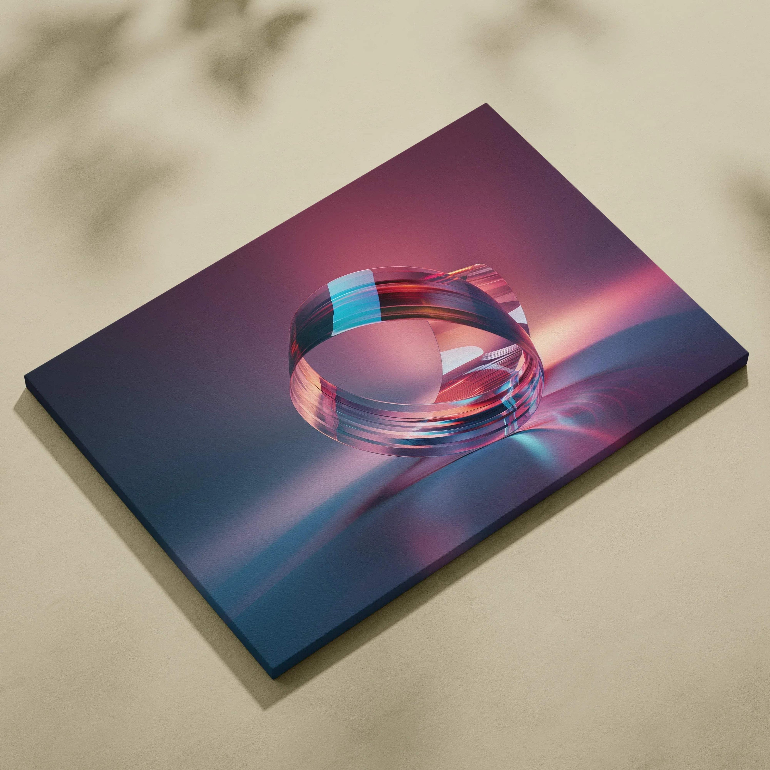 Canvas art featuring a vibrant abstract digital design with a reflective glass ring in purple and pink hues against a.