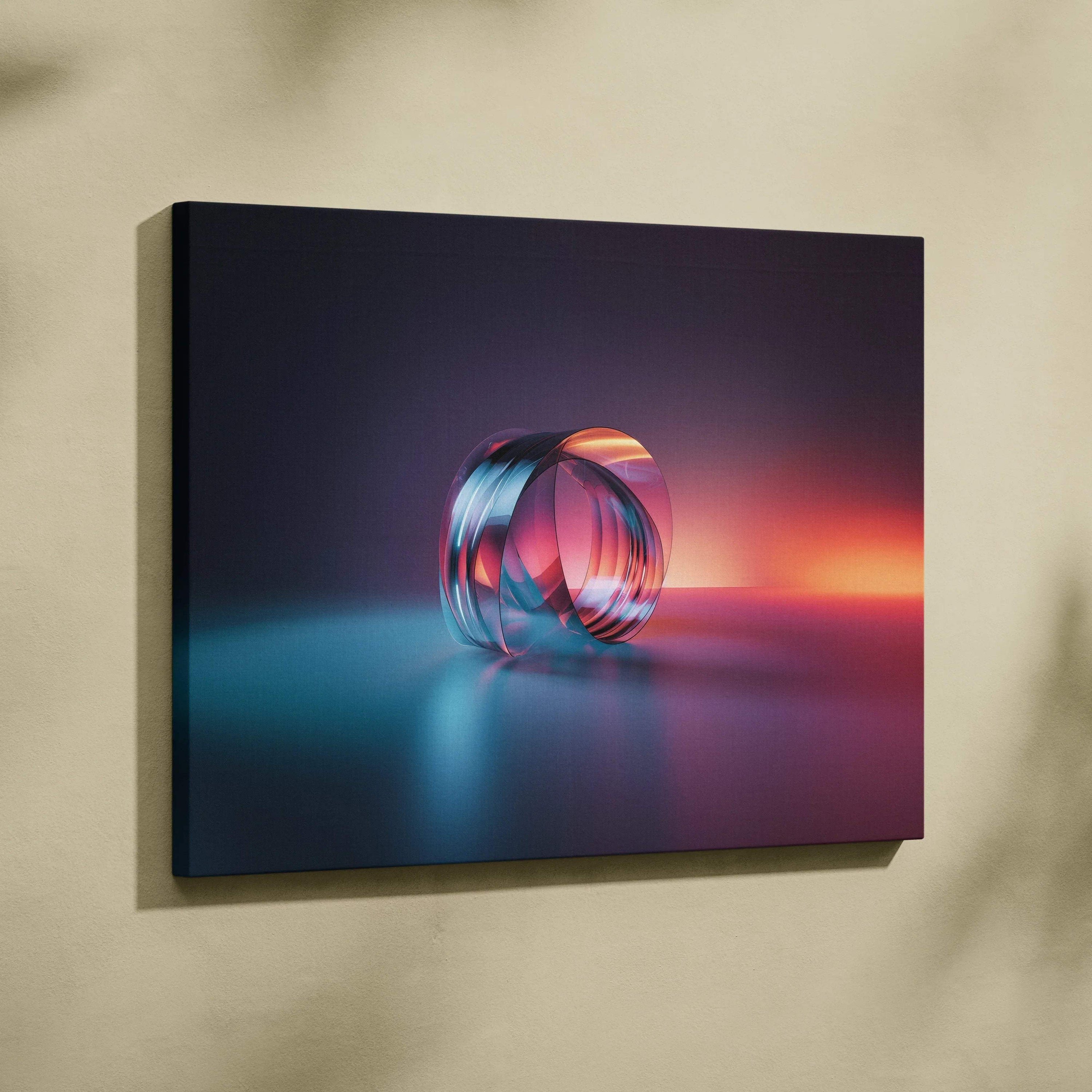 Abstract digital art canvas wall print featuring intertwined translucent rings with blue and orange glowing light effects on