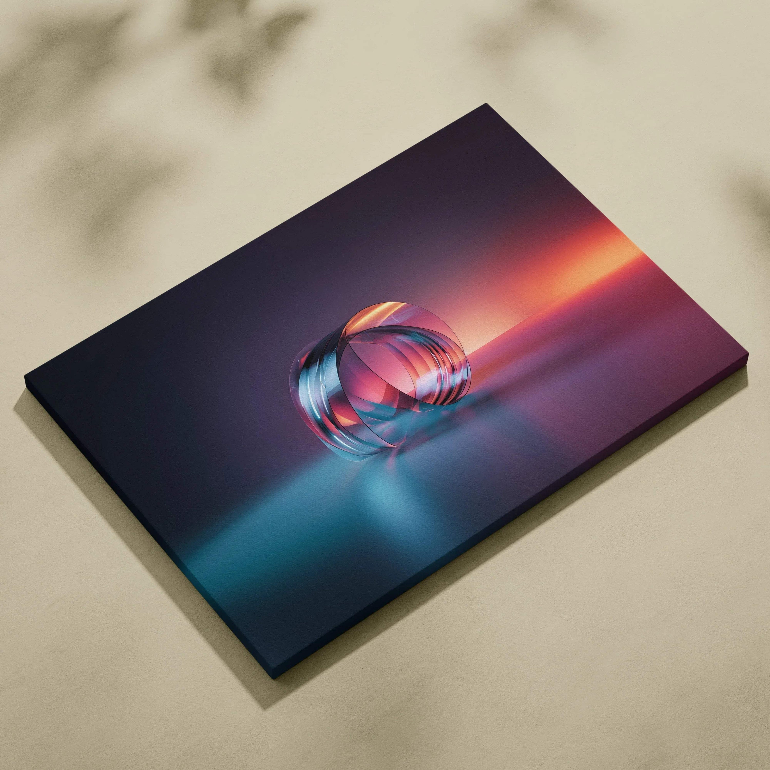 Modern abstract digital art canvas featuring a reflective glass sphere with vibrant blue and orange light streaks on a dark.