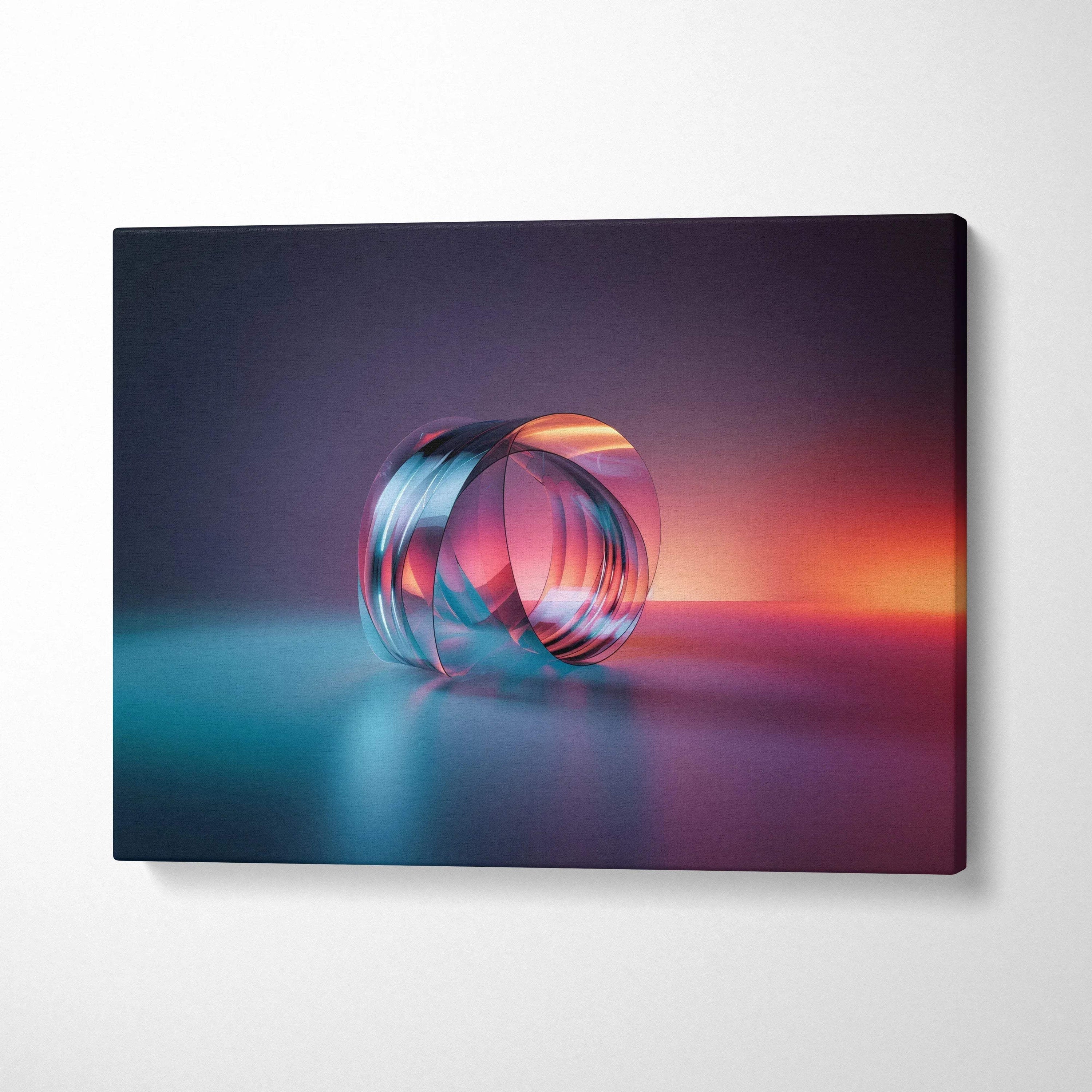 Modern abstract digital art canvas wall art featuring vibrant blue and orange hues with reflective circular shapes on canvas .