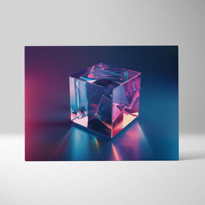 Abstract digital art canvas wall art featuring a translucent cube with pink and blue light reflections on dark background.