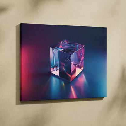 Abstract high-resolution canvas art featuring a transparent glass-like cube illuminated with pink and blue light on a dark.
