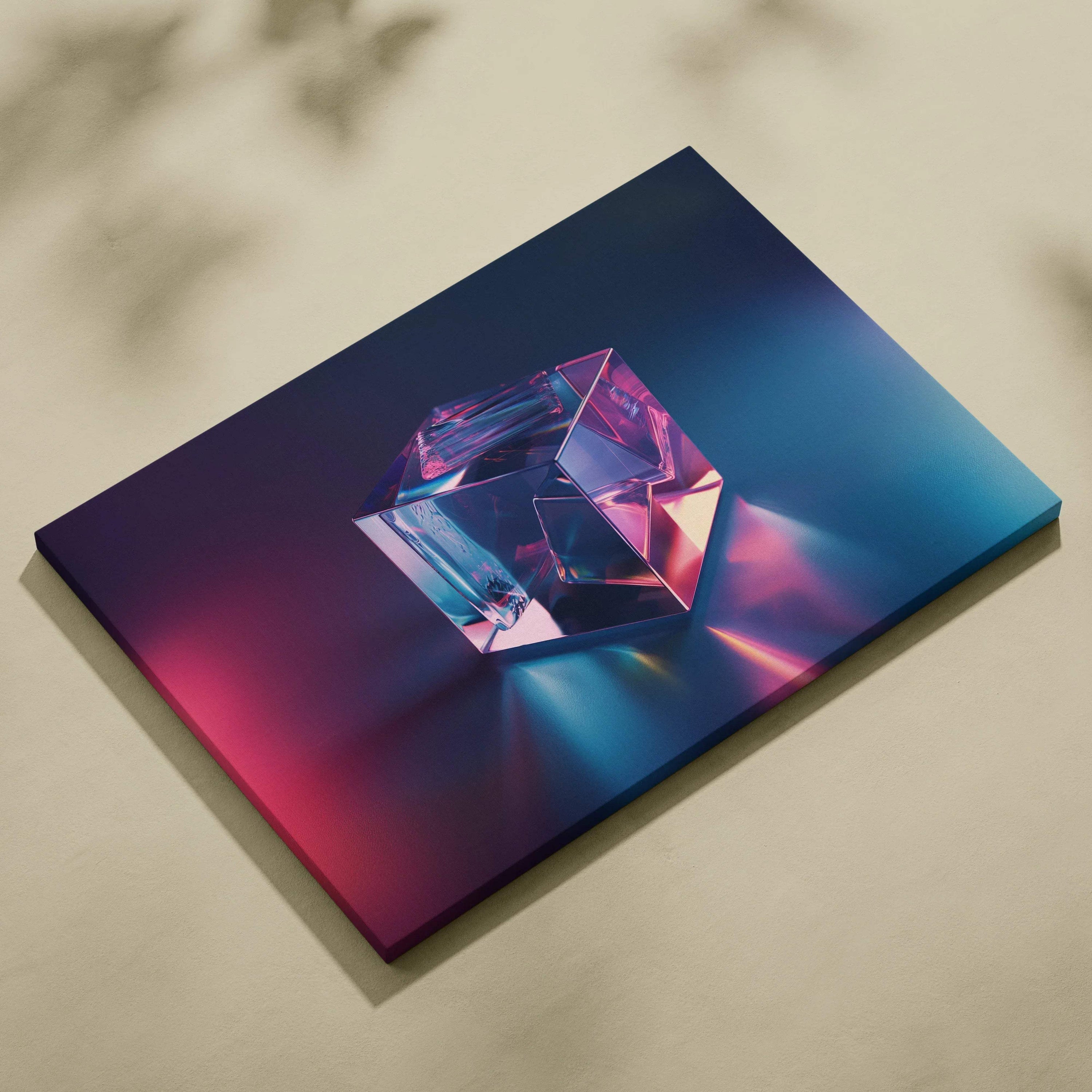 Abstract canvas art print featuring a transparent geometric crystal shape with pink and blue light reflections on a dark.