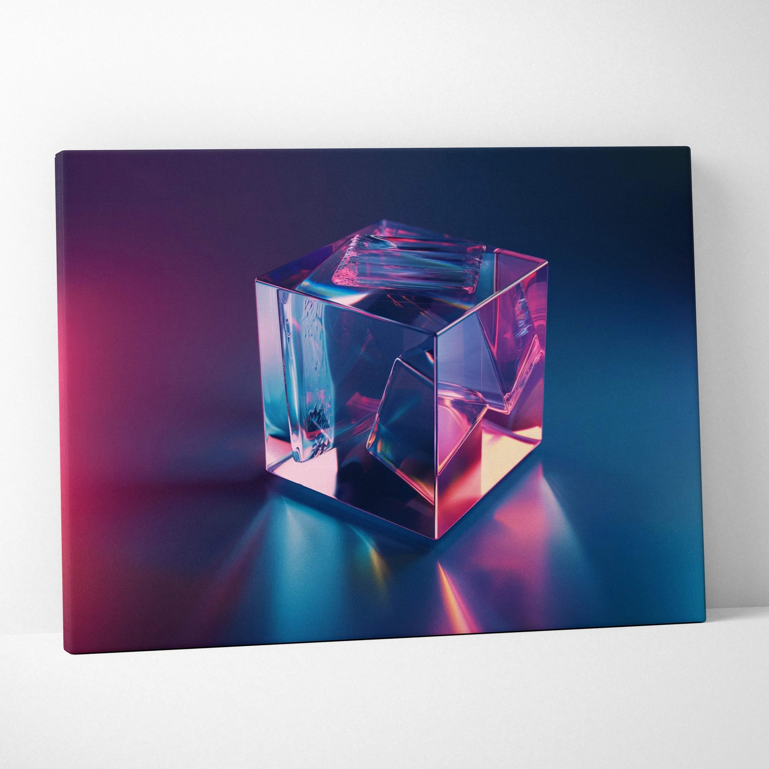 Abstract digital art canvas featuring a glowing glass cube with blue and purple light reflections on a dark background.