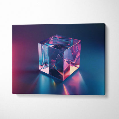 Abstract digital art canvas featuring a glowing translucent cube in blue and pink tones, modern wall art.