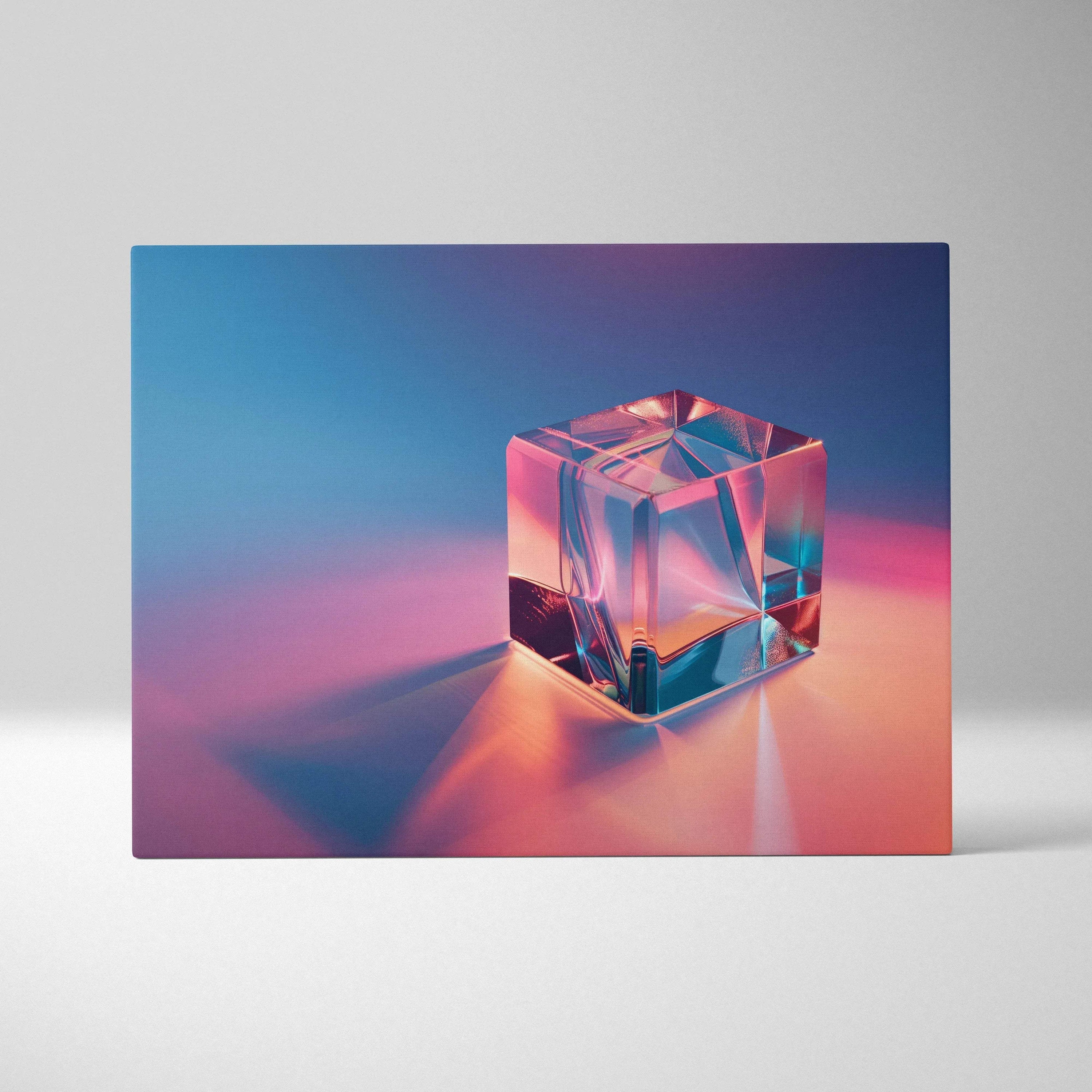 Modern abstract digital art canvas featuring a glowing crystal cube with blue and pink tones on wall art canvas.