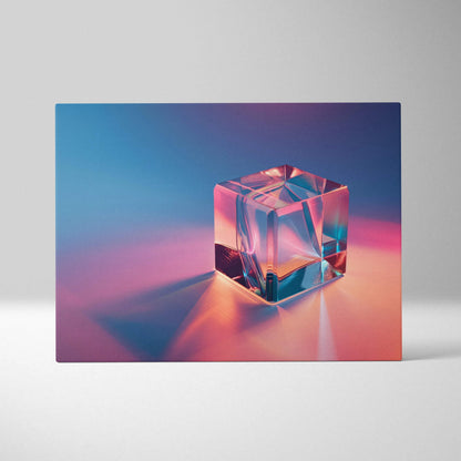 Modern abstract digital art canvas featuring a glowing crystal cube with blue and pink tones on wall art canvas.