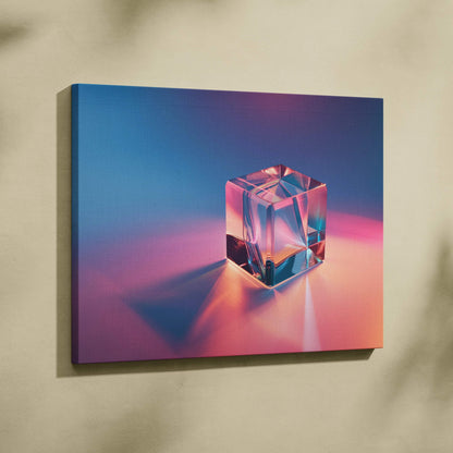 Canvas wall art featuring a transparent glass cube with colorful pink and blue light reflections on a smooth gradient.