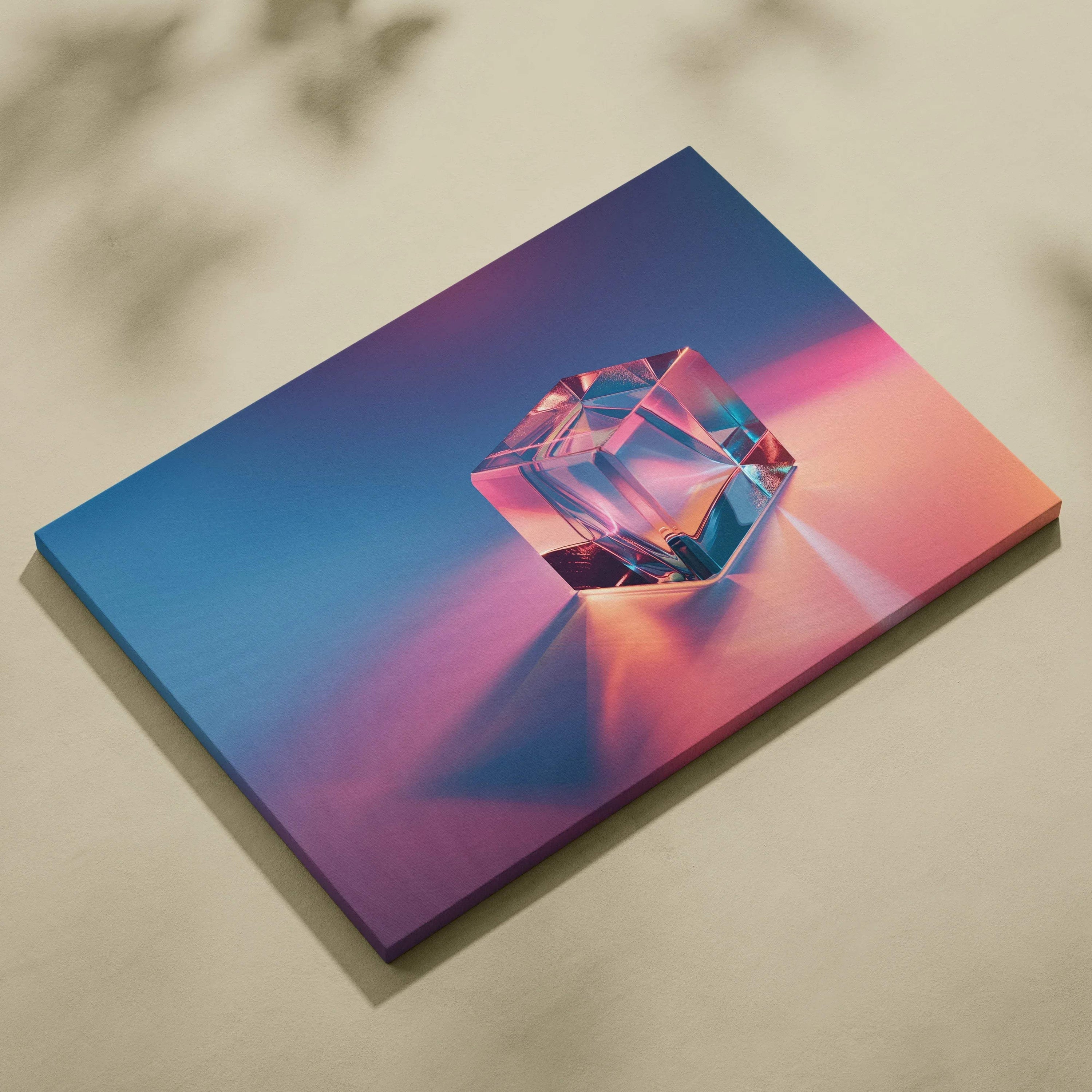 Modern abstract digital art canvas print featuring a geometric crystal shape with blue and pink gradient background wall art.