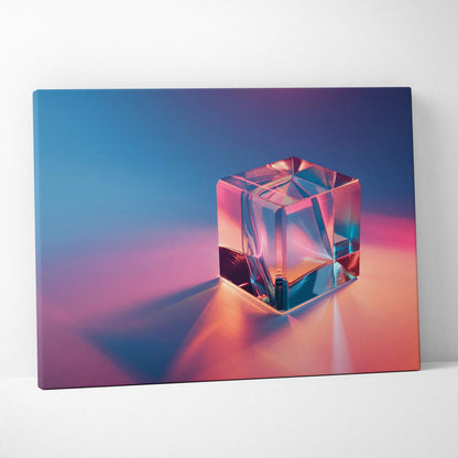 Canvas wall art featuring a glossy, transparent cube casting colorful purple and pink reflections on a gradient background.