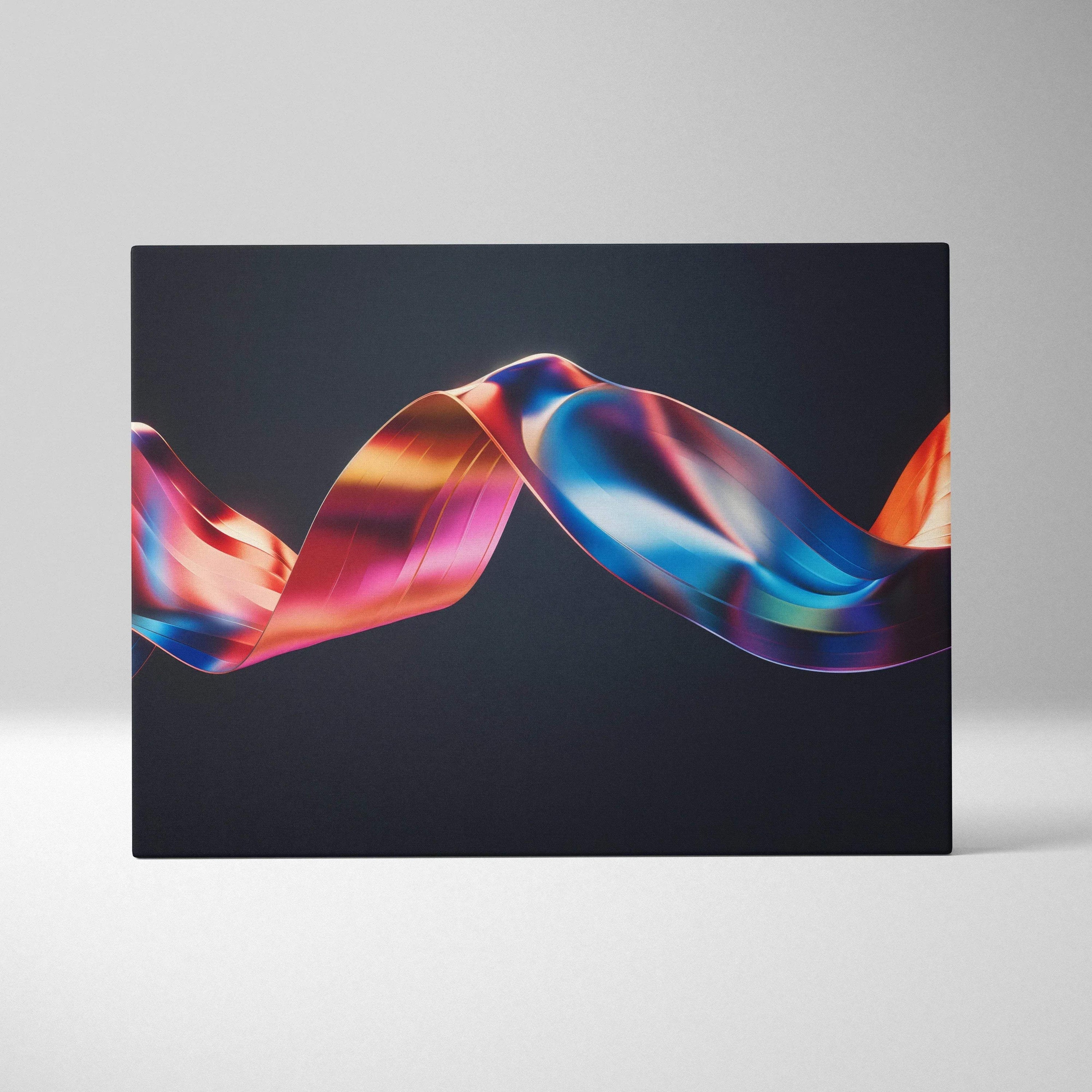 Canvas wall art featuring a vibrant abstract ribbon design in shades of blue, pink, and orange on a dark background.