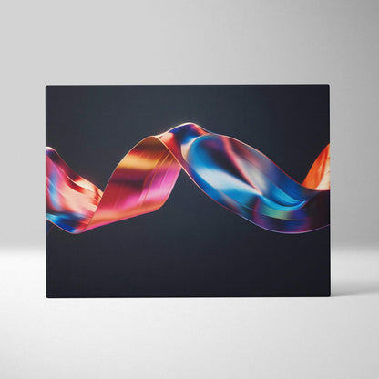 Canvas wall art featuring a vibrant abstract ribbon design in shades of blue, pink, and orange on a dark background.