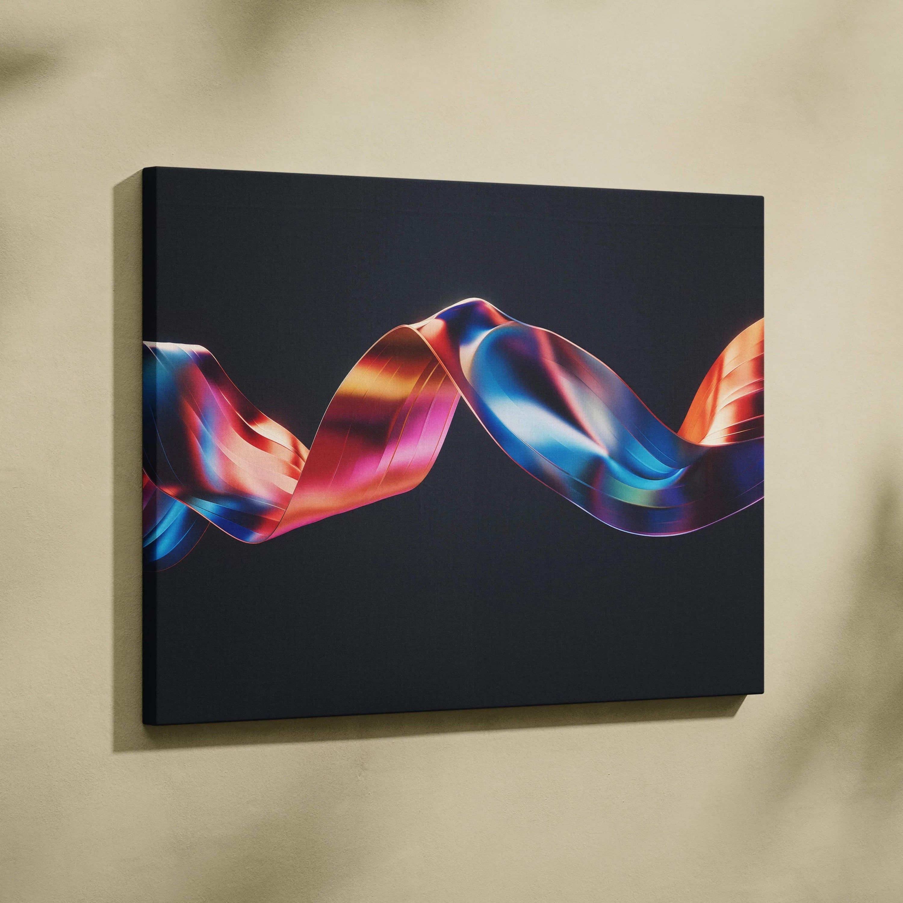 Canvas art print with a vibrant, flowing abstract ribbon in red, blue, and purple on a black background.
