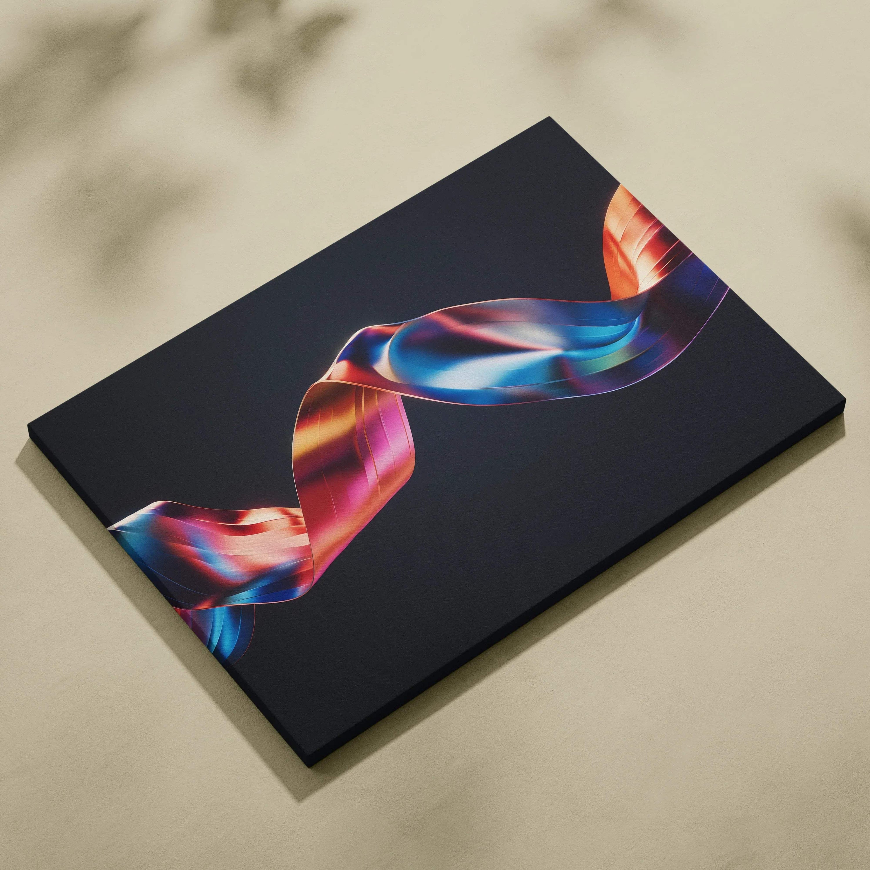Abstract vibrant ribbon design in blue and red on black canvas wall art print.