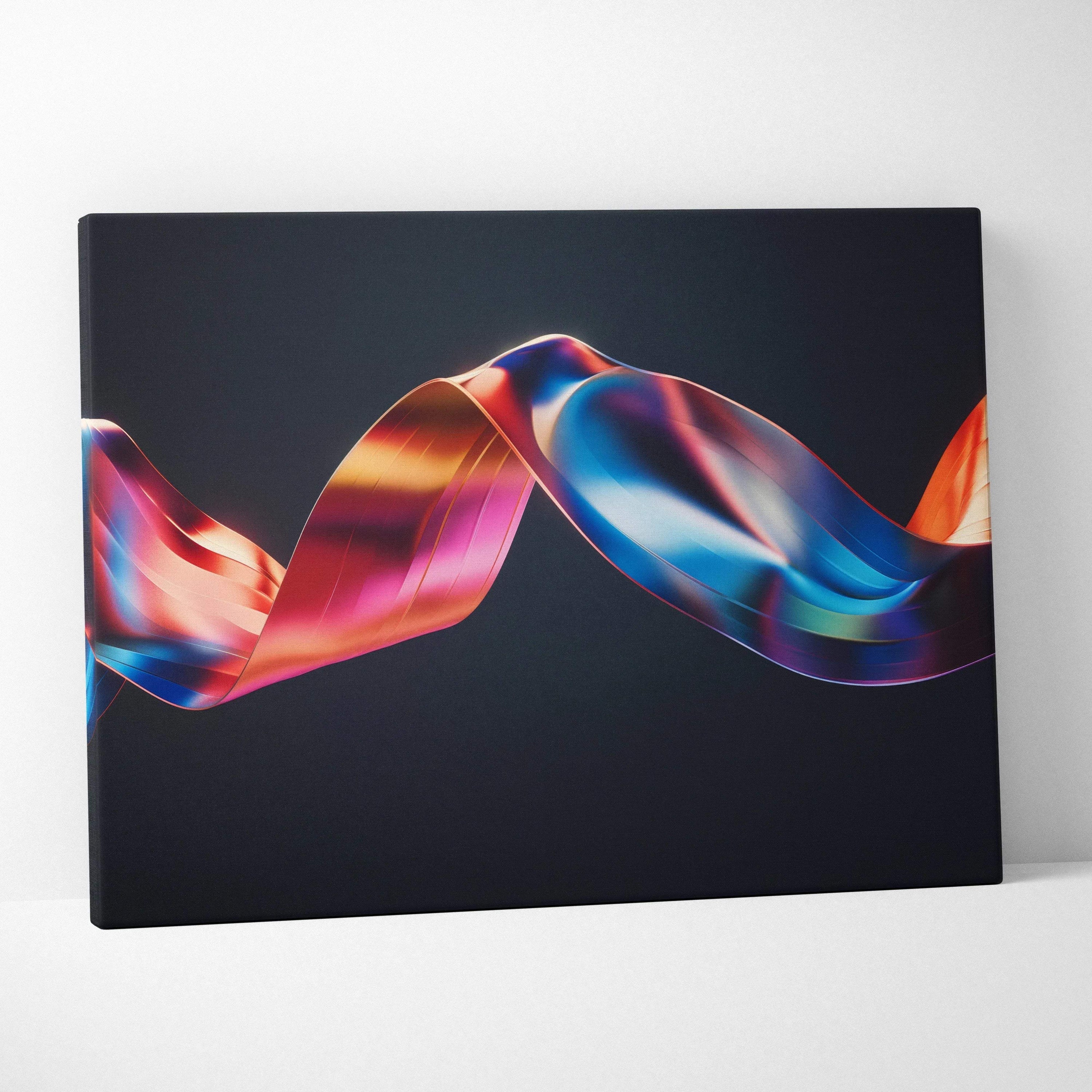 Modern abstract canvas art with vibrant flowing ribbons in red, blue, and orange on black background.