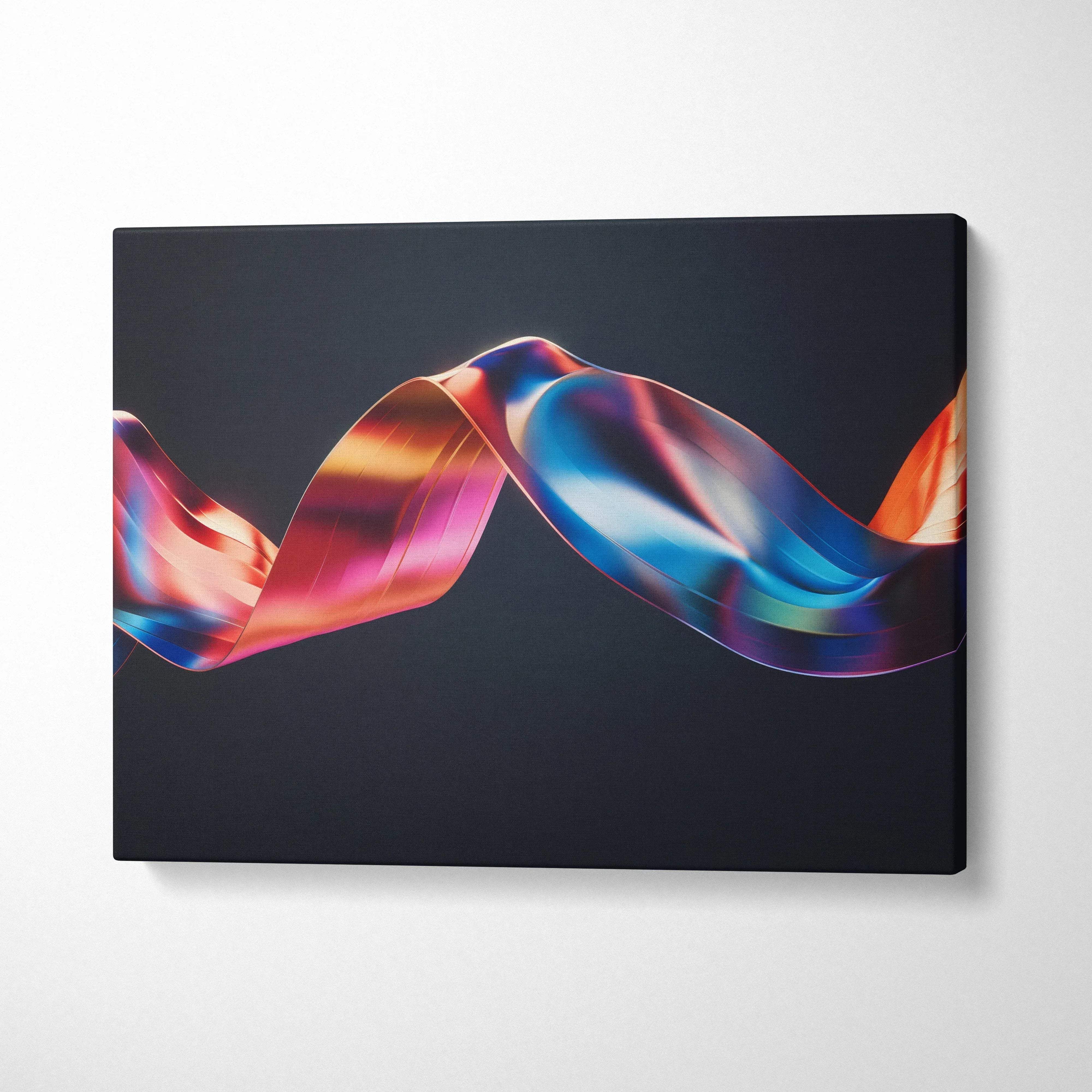 Vibrant abstract digital wall art canvas featuring colorful twisted ribbon design on dark background.