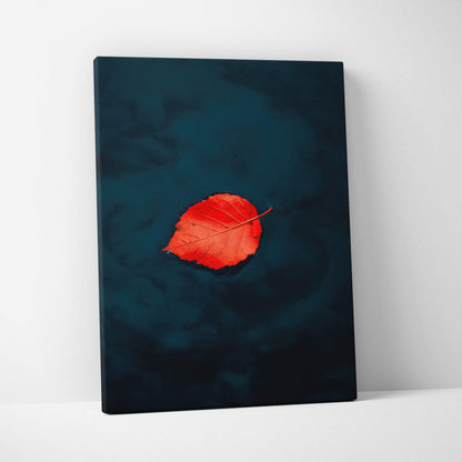 Minimalist autumn leaf canvas art with a single vibrant red leaf on dark textured background wall art.