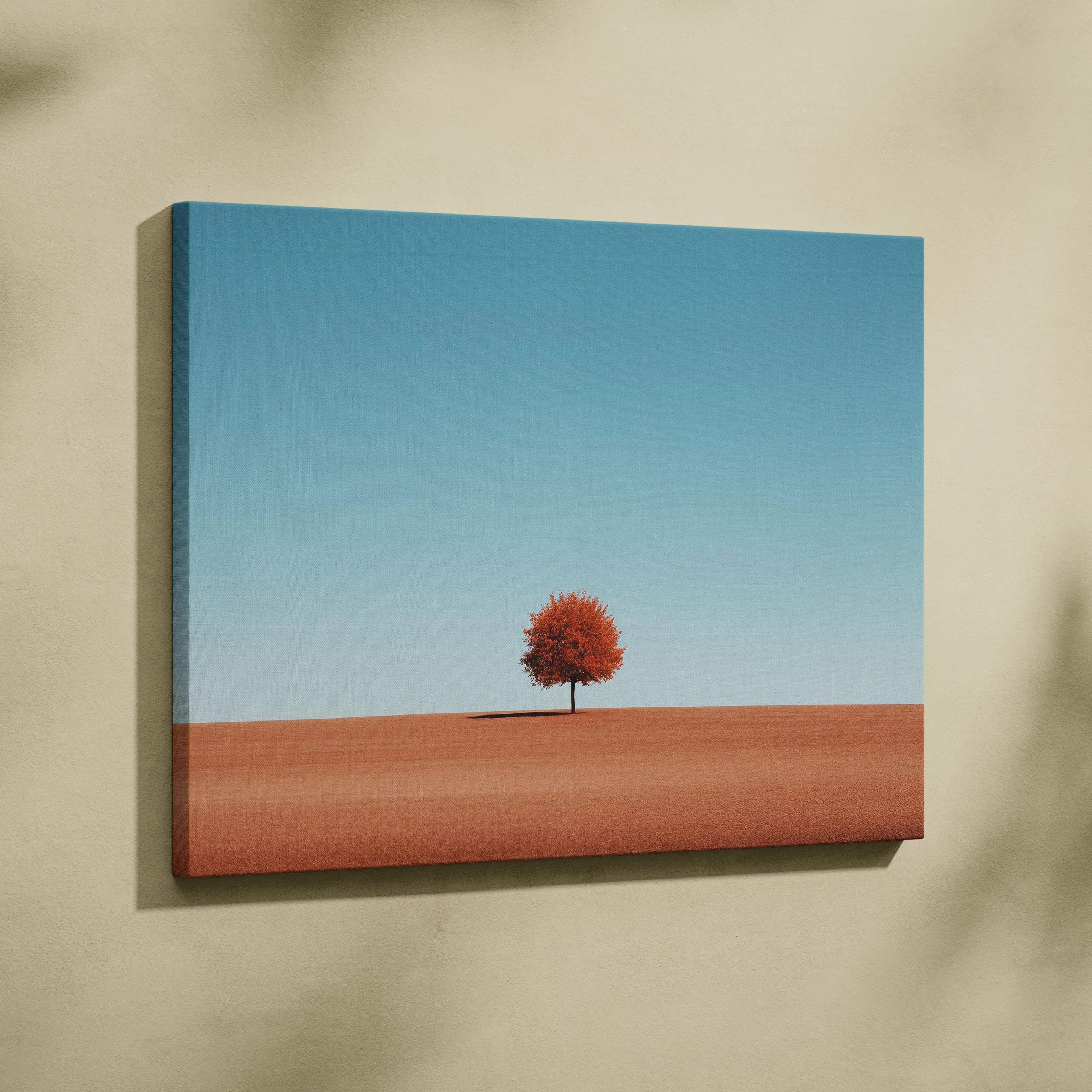 Minimalist autumn landscape canvas wall art featuring a lone tree with vibrant orange leaves under a blue sky