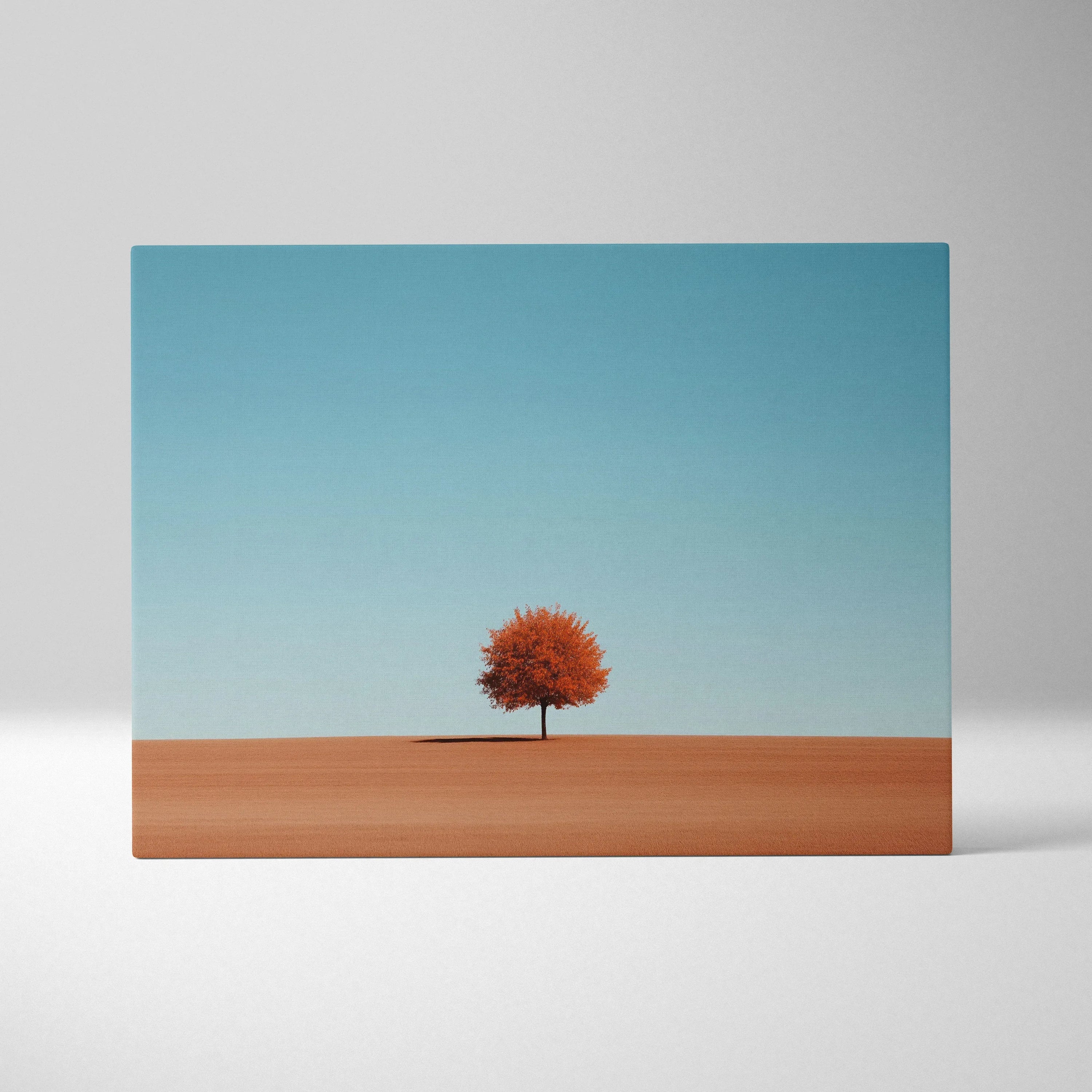 Minimalist autumn nature canvas art with solitary golden-leafed tree against clear blue sky wall art.