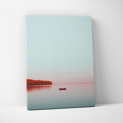 Minimalist autumn canvas wall art with calm lake, distant orange trees, and small boat on water.