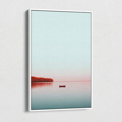 Minimalist autumn canvas art with calm water, lone boat, and red trees on wall art print.