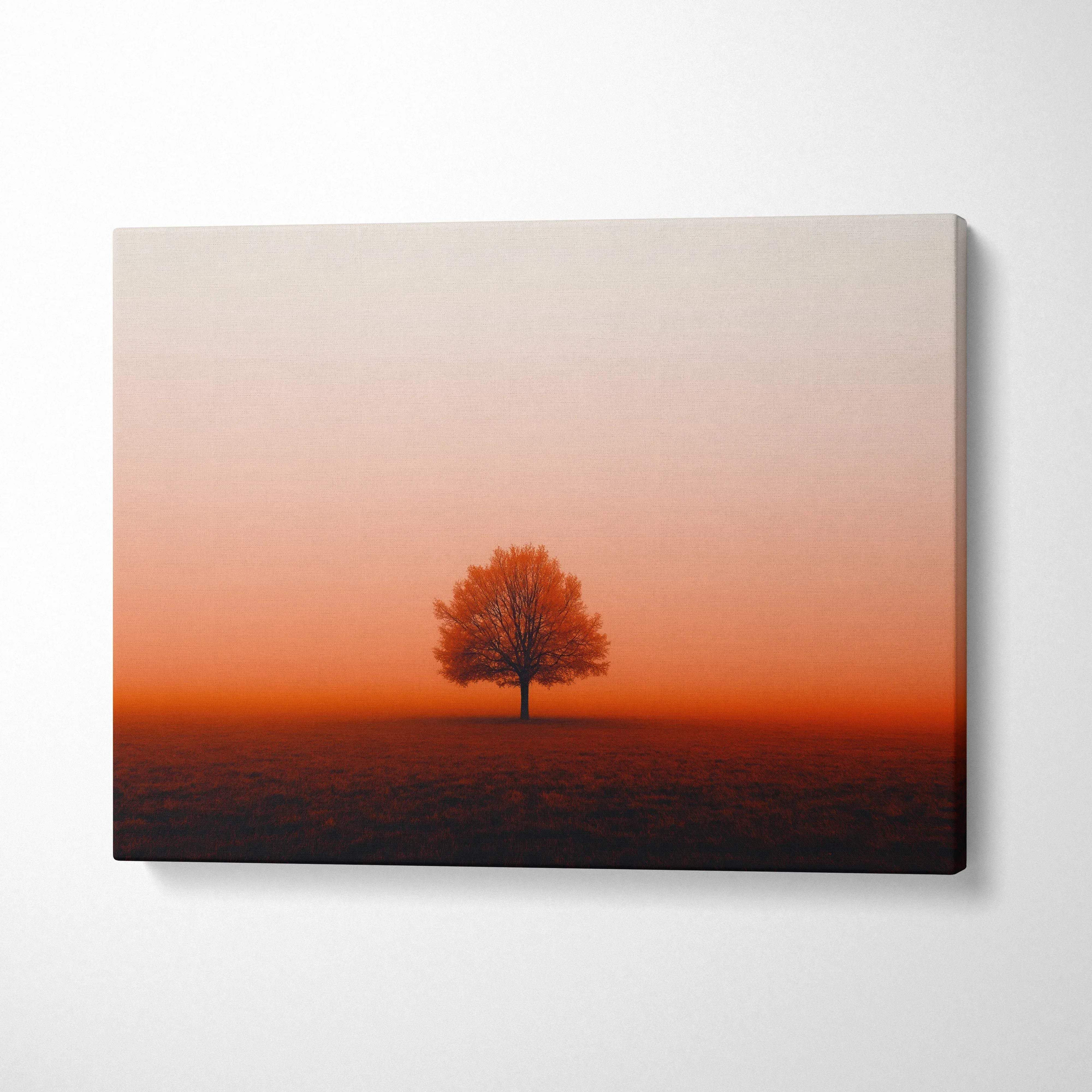 Minimalist autumn nature canvas art with solitary tree in golden-orange mist, serene wall art.