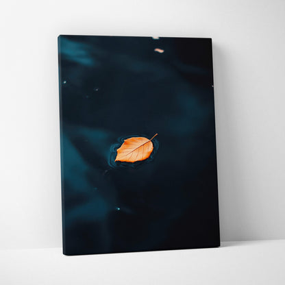 Minimalist autumn leaf floating on dark water canvas wall art print.