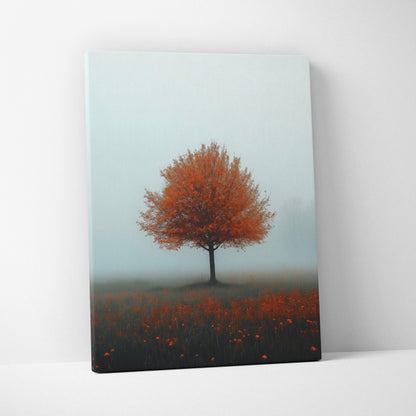 Minimalist autumn tree with orange leaves on canvas wall art against pale blue sky background.