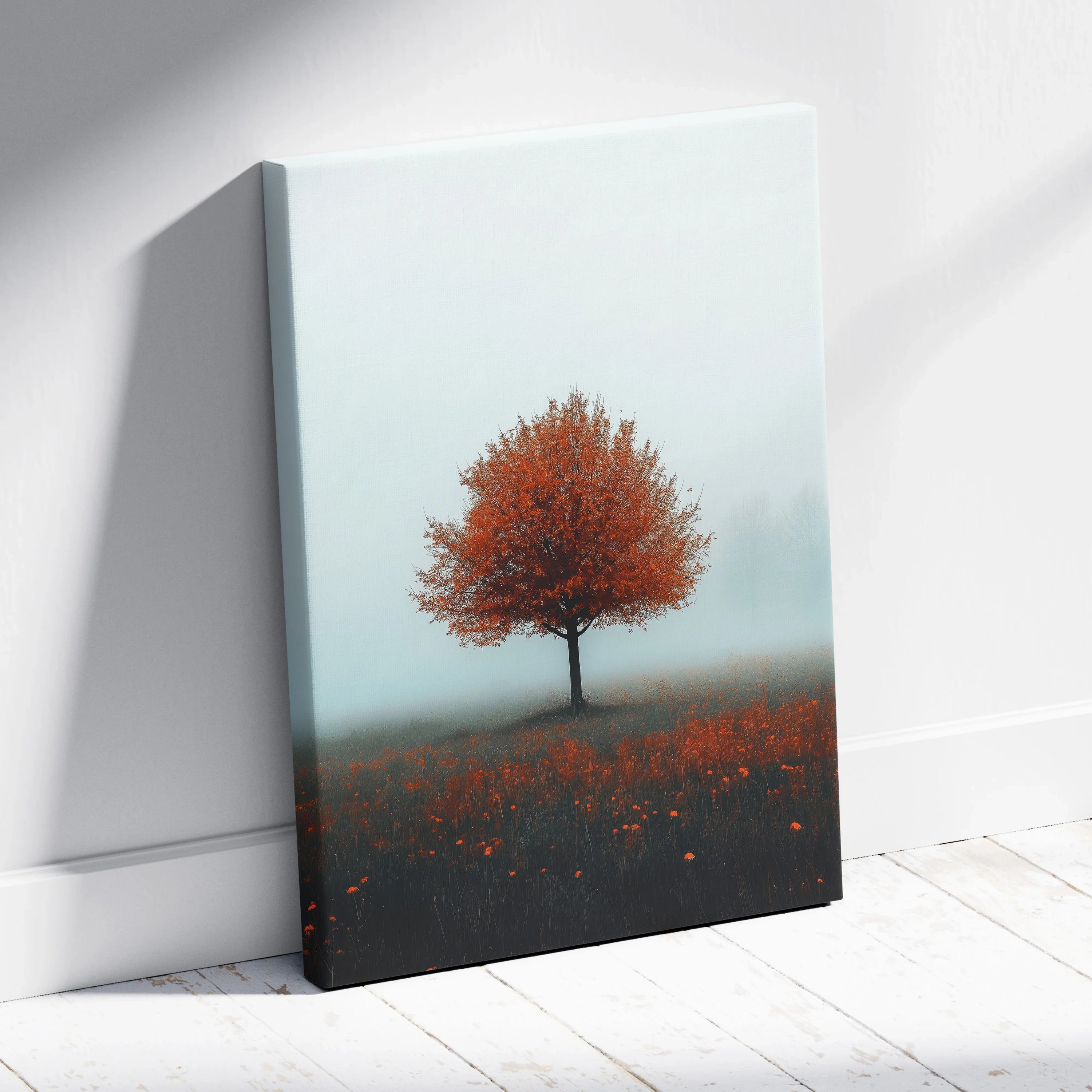 Minimalist autumn nature canvas art with a single orange tree against a soft blue background, vertical wall art.
