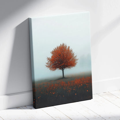 Minimalist autumn nature canvas art with a single orange tree against a soft blue background, vertical wall art.