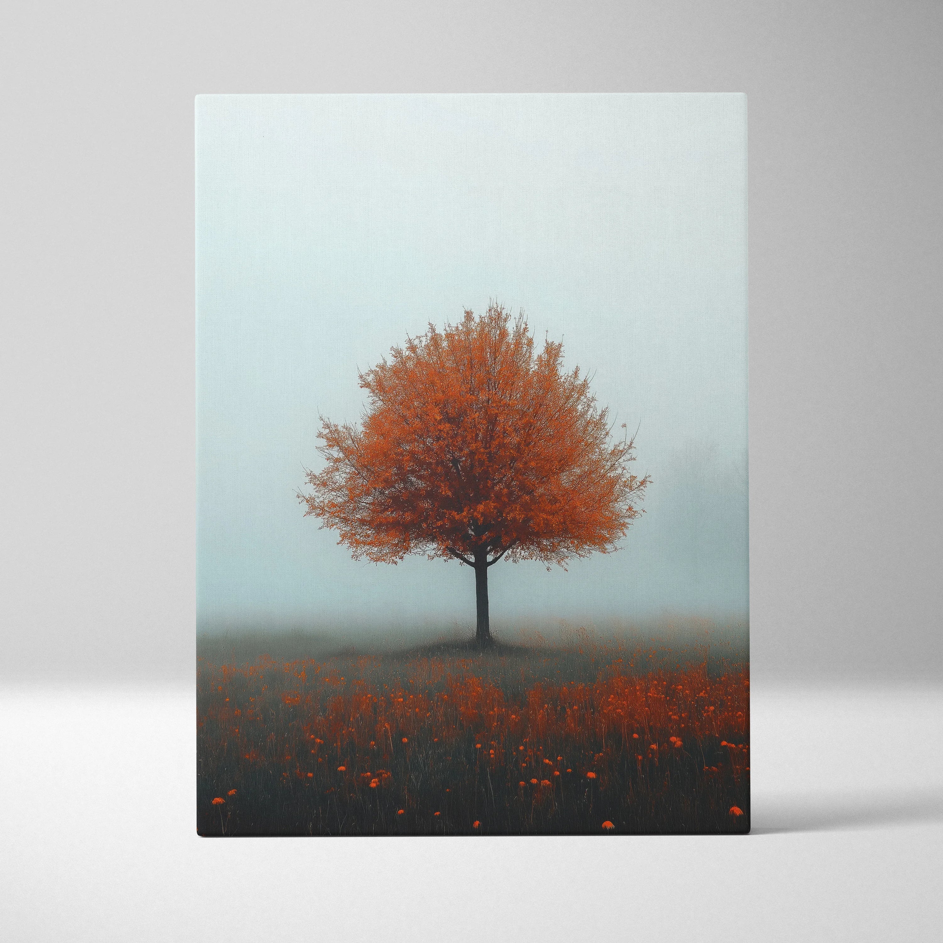 Minimalist autumn tree with orange leaves on foggy background canvas wall art print.