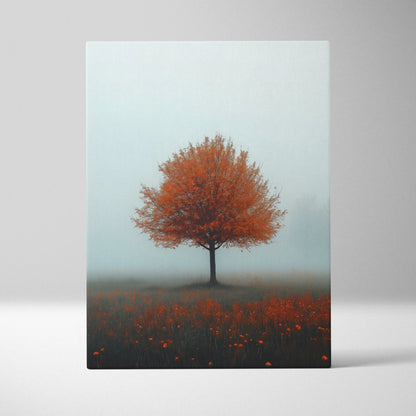 Minimalist autumn tree with orange leaves on foggy background canvas wall art print.