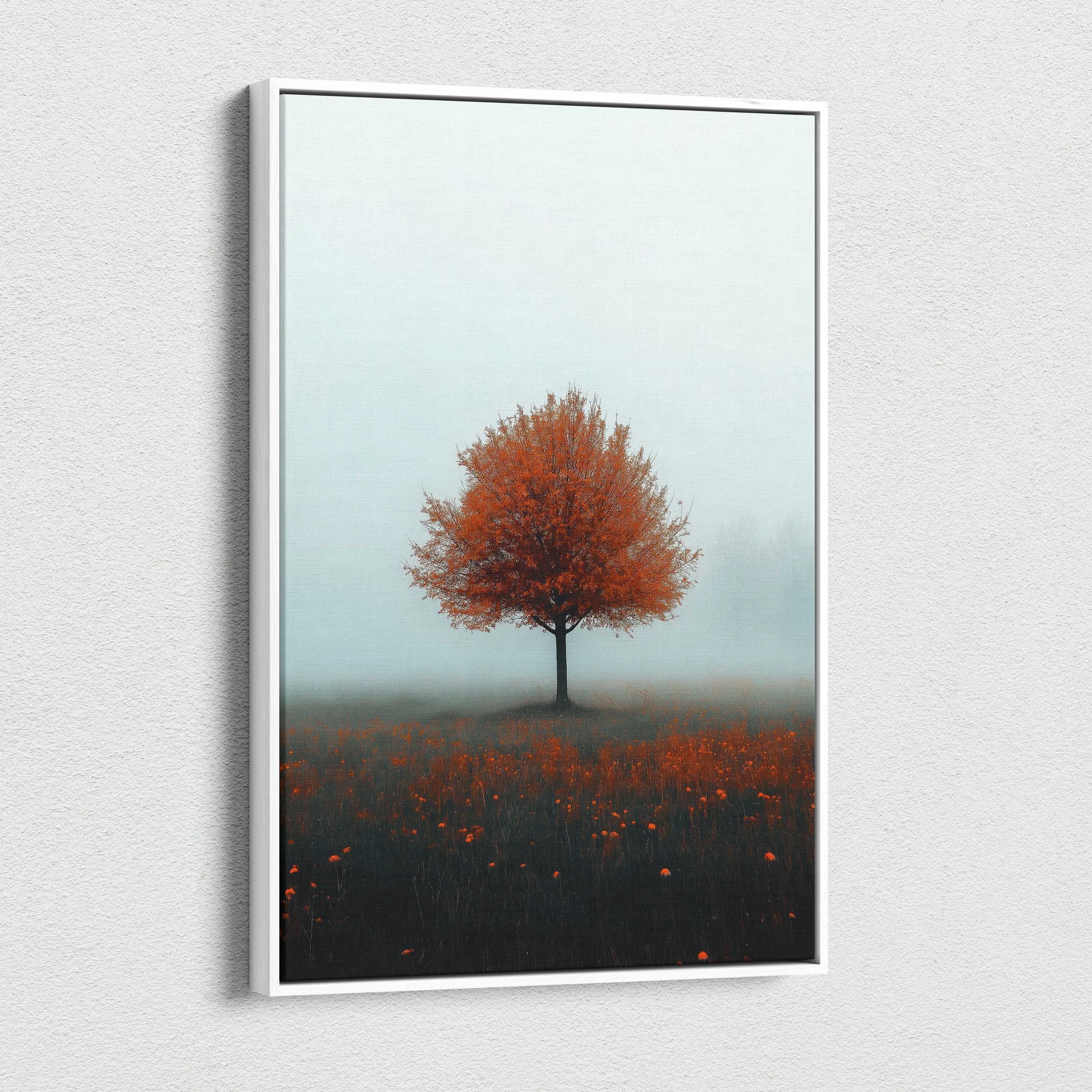 Minimalist autumn tree canvas wall art with orange leaves on foggy landscape background.