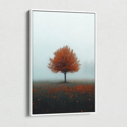 Minimalist autumn tree canvas wall art with orange leaves on foggy landscape background.