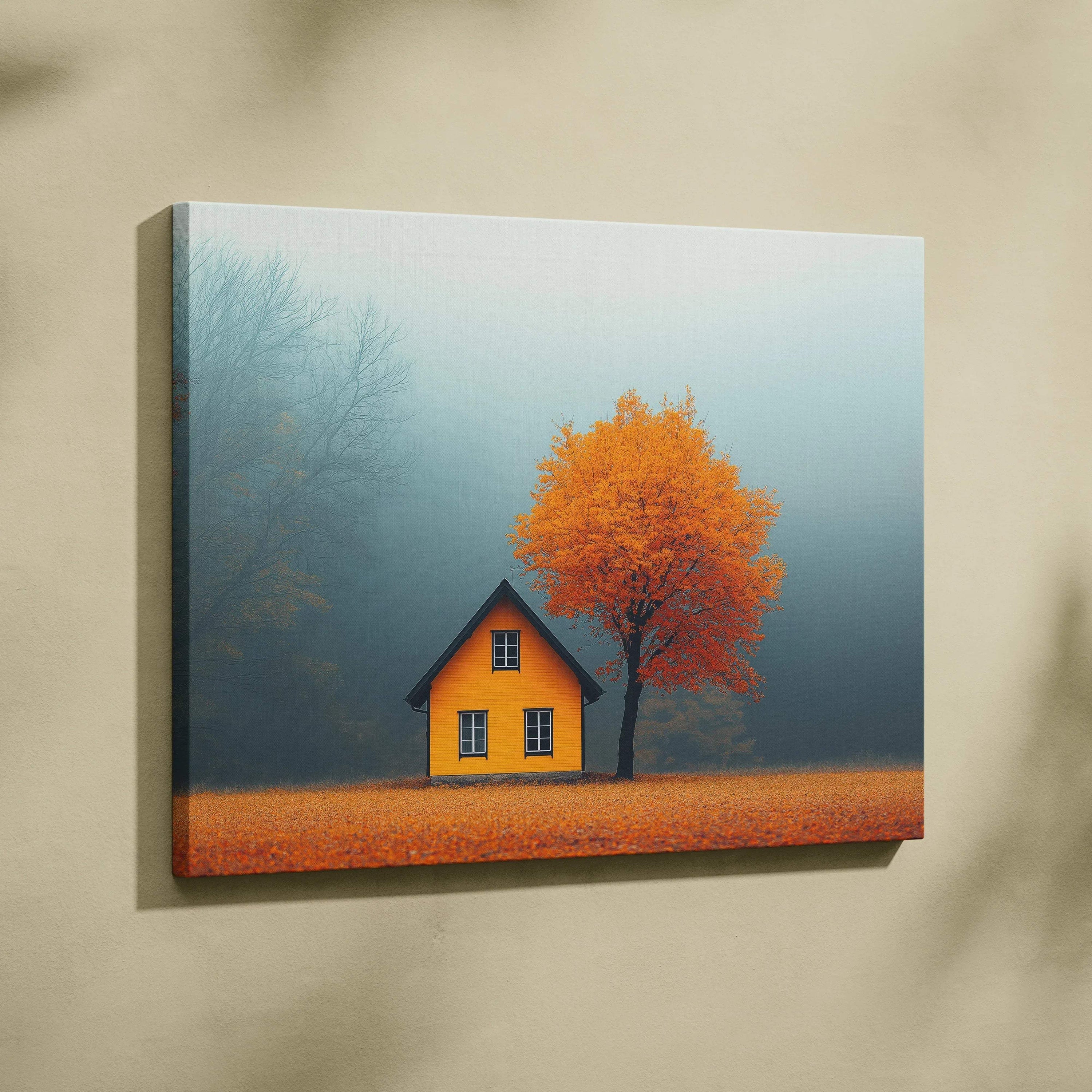 Canvas wall art featuring a minimalist autumn scene with a yellow house and vibrant orange tree.