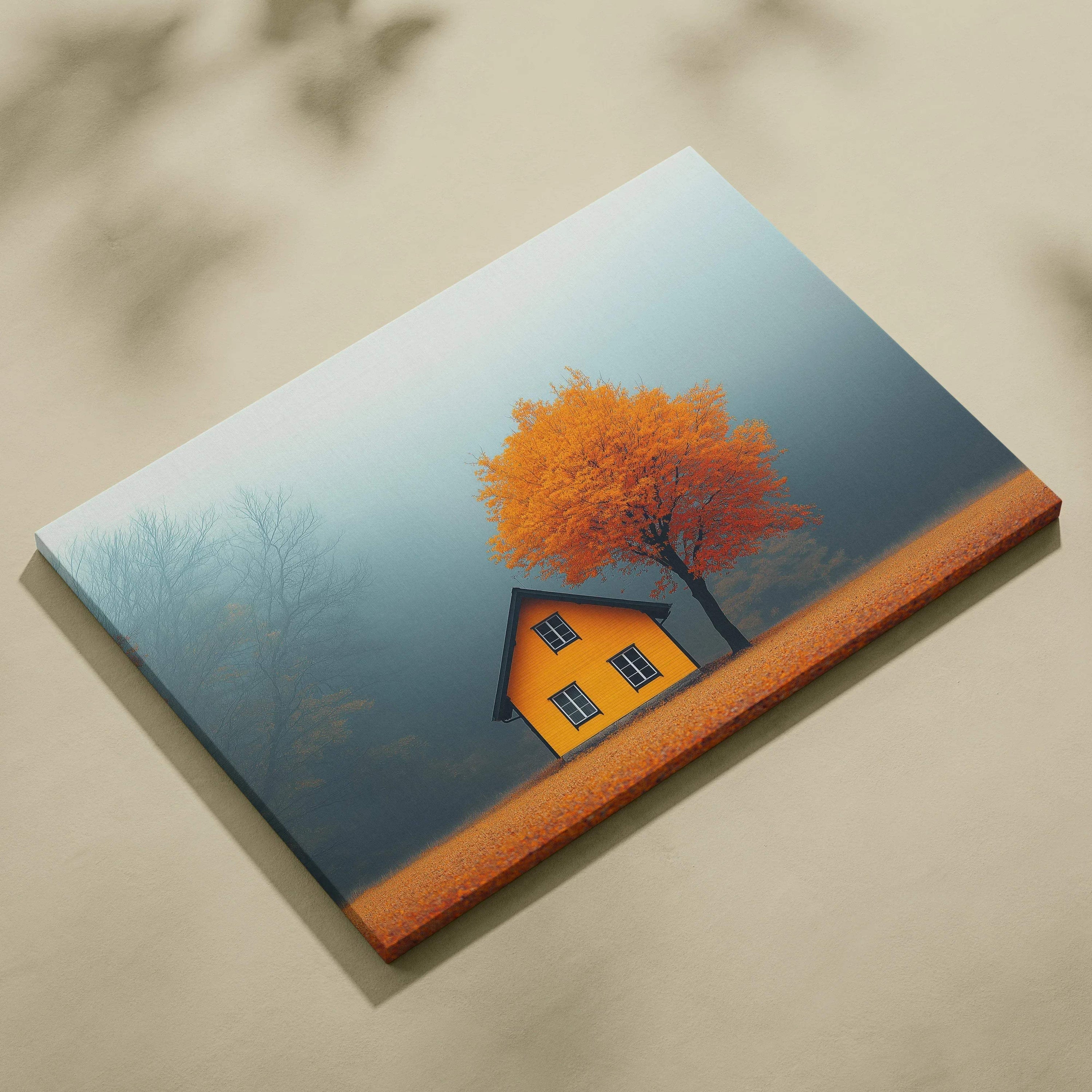 Canvas wall art featuring a minimalist autumn scene with a yellow house and vibrant orange tree against a soft blue.