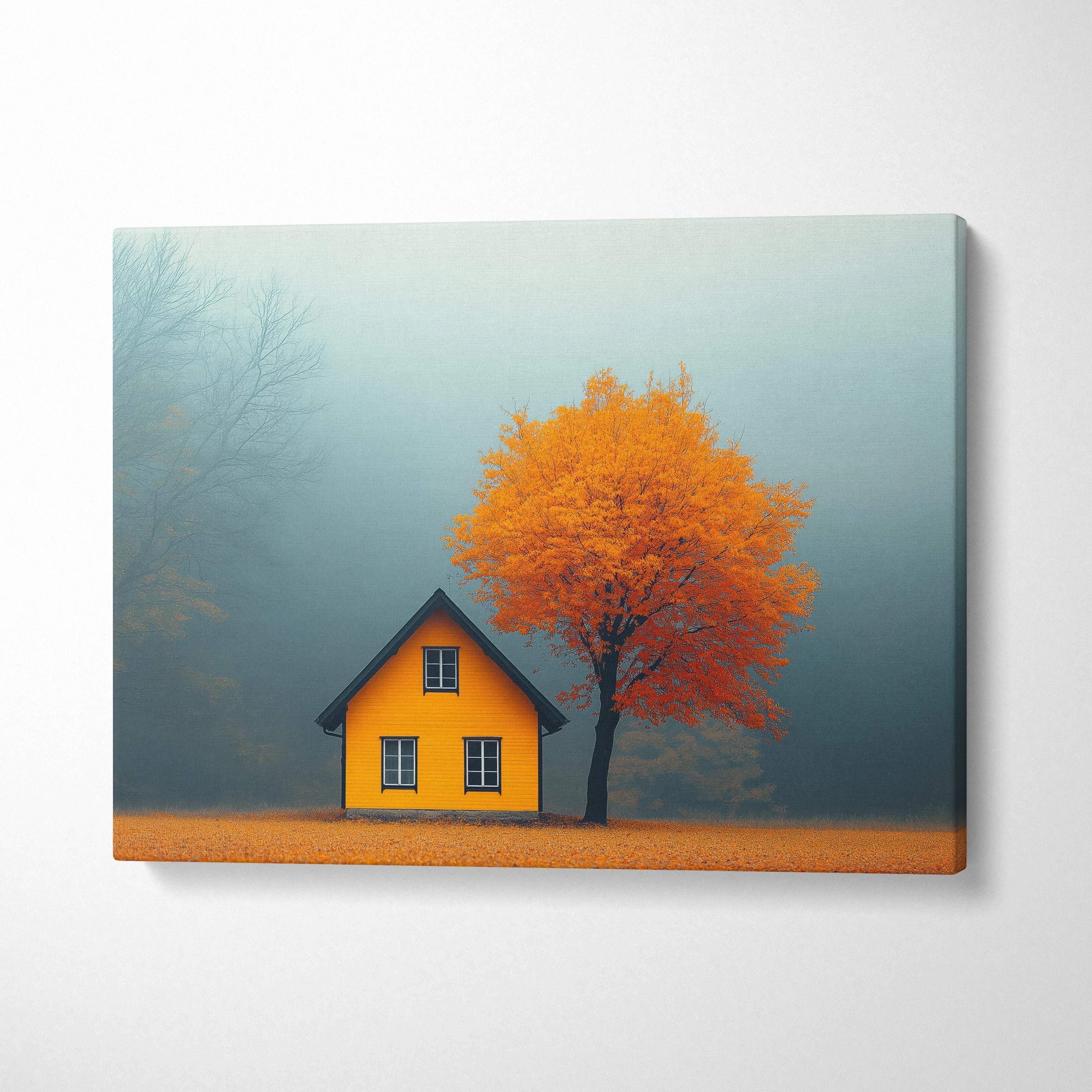 Canvas wall art featuring a yellow house beside a vibrant orange autumn tree against a misty blue-gray background.
