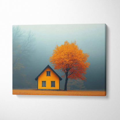 Canvas wall art featuring a yellow house beside a vibrant orange autumn tree against a misty blue-gray background.