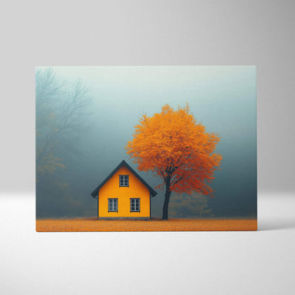 Canvas art of a small yellow house beside a vivid orange autumn tree on misty background wall art.