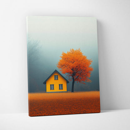 Minimalist autumn landscape canvas wall art with yellow house and vibrant orange tree against foggy background.