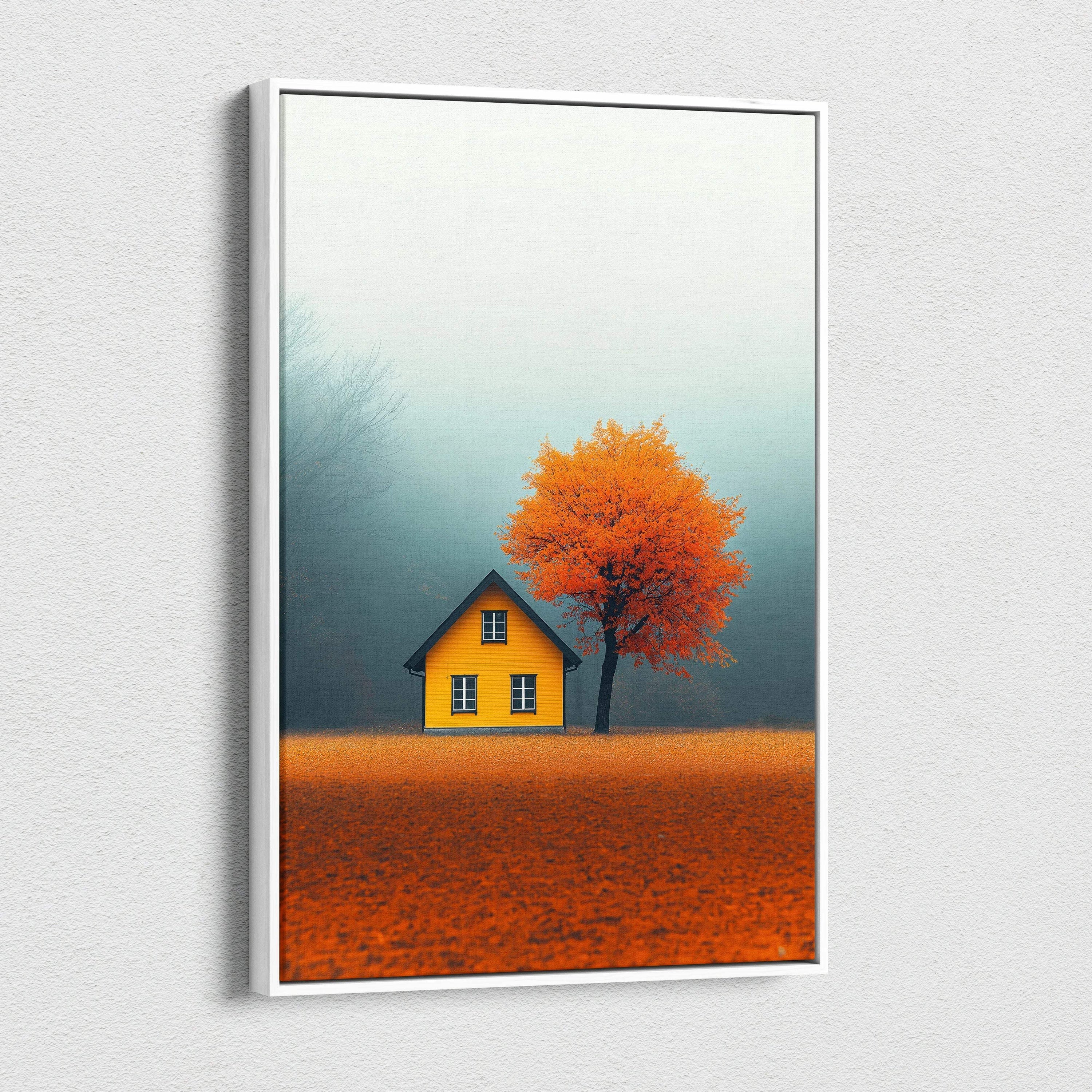 Vertical minimalist autumn landscape canvas wall art with yellow house and orange tree on textured field.