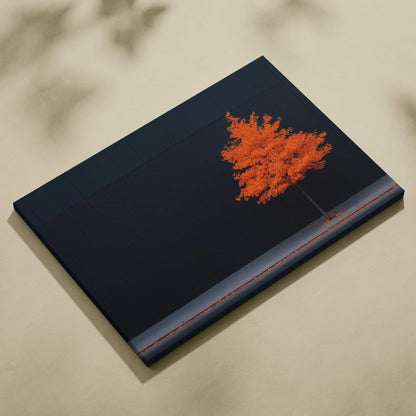 Minimalist canvas art featuring a single vibrant orange autumn tree on a dark background, modern wall art.
