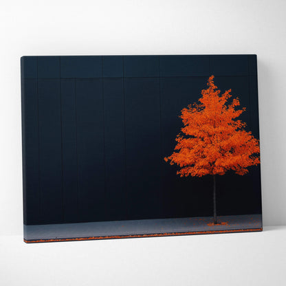 Minimalist canvas art with a vibrant orange autumn tree against a dark navy background wall art.