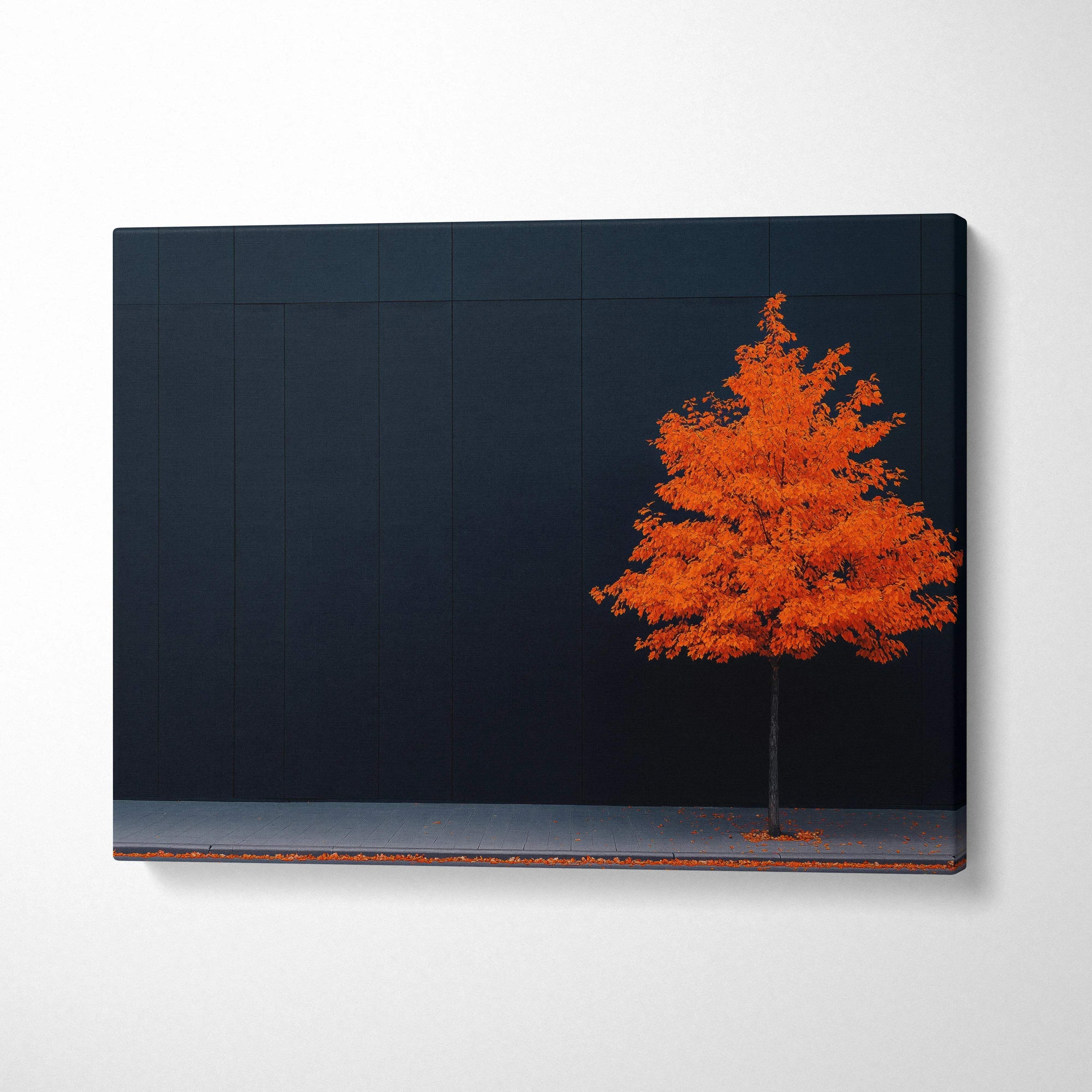 Minimalist autumn canvas art featuring a vibrant orange tree against a dark navy background wall art.