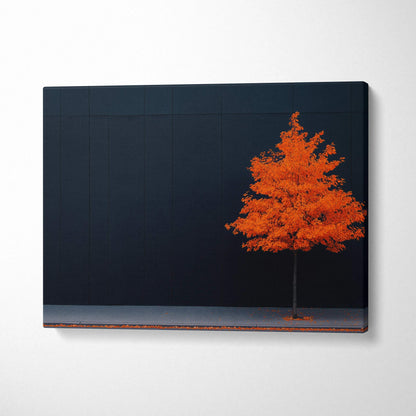 Minimalist autumn canvas art featuring a vibrant orange tree against a dark navy background wall art.
